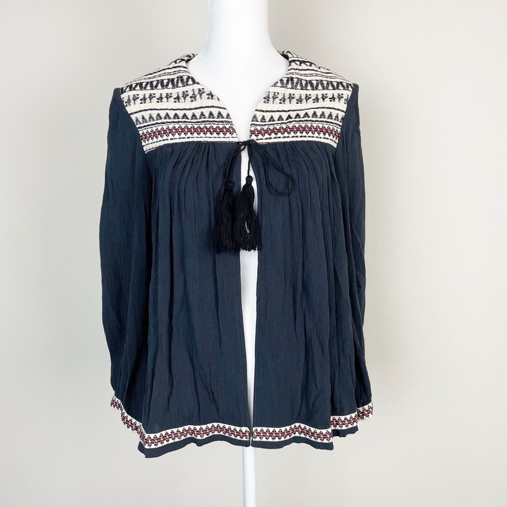 H&M Boho Cardigan Tassel Tie Front Top Navy